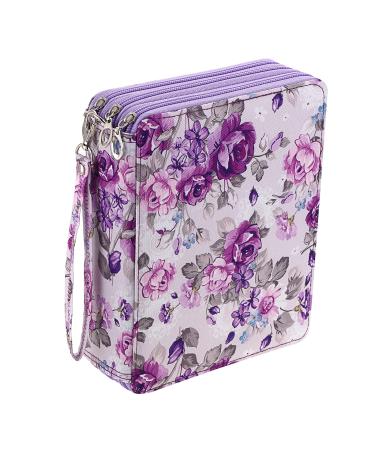 BTSKY Colored Pencil Case- 120 Slots Pencil Holder Pen Bag Large Capacity Pencil Organizer with Handle Strap Handy Colored Pencil Box with Printing Pattern (Purple Flower)