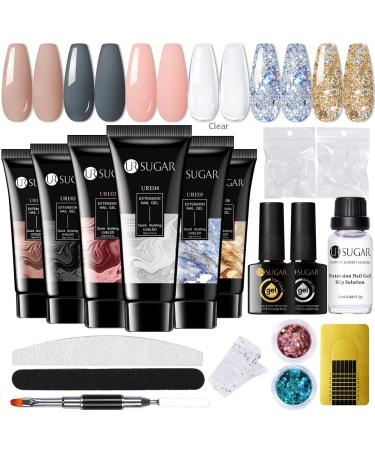 UR SUGAR Poly Gel Nails Set Nail Extension Builder Gel Kit 6 Colors Polygel Colors Tube set with Base Top Coat Slip Solution Builder Nude Clear Glitter Extension Gel Manicure Set DIY at Home Transparent