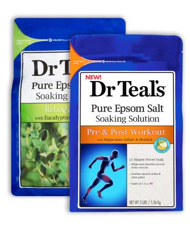 Dr Teal's Epsom Salt Bath Combo Pack (6 lbs Total) Relax & Relief with Eucalyptus & Spearmint and Pre and Post Workout with Magnesium Sulfate and Menthol