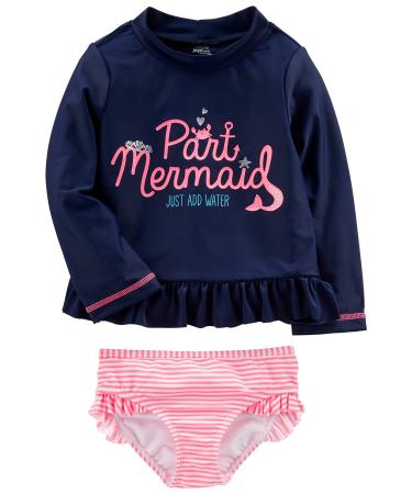 Simple Joys by Carter's Baby Girls' 2-Piece Assorted Rashguard Sets Rash Guard Navy Mermaid/Pink Stripes 12 Months