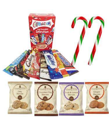 Hot Chocolate Gift Set - 8 Celebrations Hot Chocolate Sachets Selection Gift Hamper Gift Set Candy Canes Cookies - Valentine's Day Mother's Day Kids Adults
