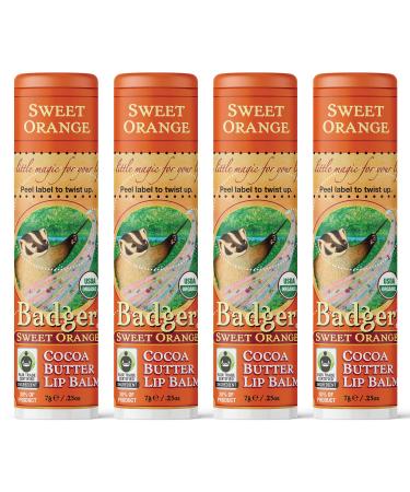 Badger - Cocoa Butter Lip Balm, Sweet Orange, Certified Organic Lip Balm, Fair Trade, Lip Butter, Lip Balm Cocoa Butter, Cocoa Care Lip Balm, 0.25 oz (4 Pack) Sweet Orange 0.25 Ounce (Pack of 4)