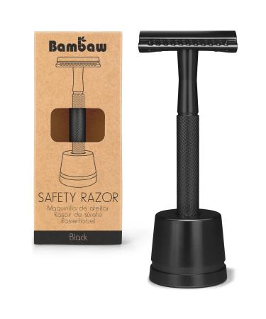 Black Metal Safety Razor with Razor Stand | Single Blade Razor for Men and Women | Manual Razor Men | Safety Razors for Men | Fits All Safety Razor Blades | Shaving Razor | Waste Free Products |Bambaw Black with Stand