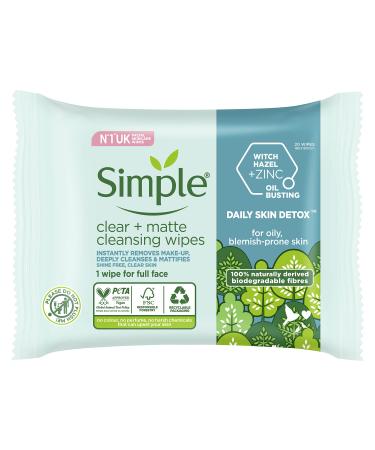 Simple Daily Skin Detox Clear + Matte Biodegradable Wipes with vitamin B3 cleansing make-up remover for oily skin 20 wipes 20 count (Pack of 1) Wipes