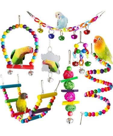 7 Pcs Bird Budgie Toys ESRISE Hanging Bell Pet Bird Cage Hammock Swing Climbing Ladders Toy Wooden Perch Mirror Chewing Toy for Conures Love Birds Small Parakeets Cockatiels Parrot (Muliti-B)