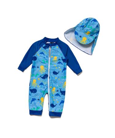 BONVERANO Baby Boys Swimsuit Toddler Bathing Suit Full-Length Zipper One Piece Swimwear with UPF 50+ Sun Protection 24 Months Ocean