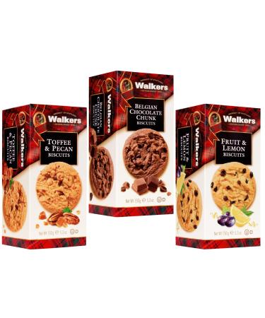 Walkers Shortbread Cookies Selection - Belgian Chocolate Chunk Toffee & Pecan and Fruit & Lemon Biscuits - 3 Pack