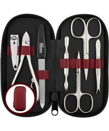 Marqus manicure set men and women 7 parts with nail tongs Solingen Made in Germany for hand and foot care - real leather etui handy and soft 2. red