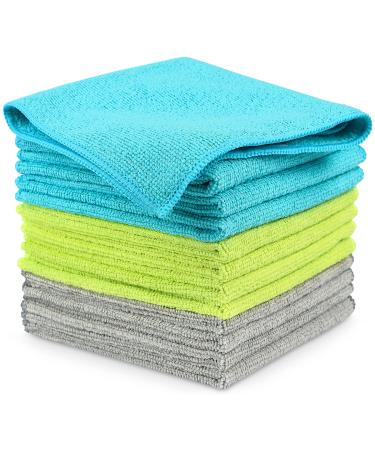 AIDEA Microfiber Cleaning Cloths-12PK, Softer Highly Absorbent, Lint Free Streak Free for House, Kitchen, Car, Window Gifts(12in.x12in.) Blue/Green/Grey 12"x12"