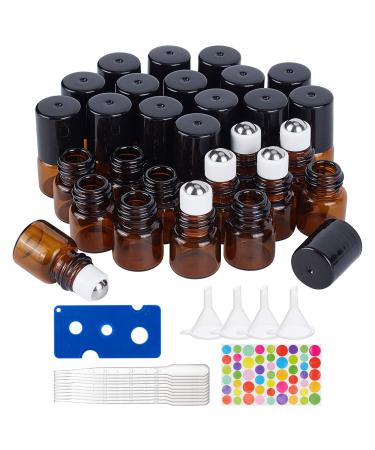 BENECREAT 30 Pack 1ml Bernstein glass Roll bottle with black cap mini essential oil roll on bottle with 4 PCs 1 PC opener 10 PCs droppers and 1 sheet label for essential 1 ml amber