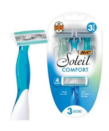 BIC Soleil Comfort 4-Blade Disposable Razors for Women Sensitive Skin Razor for a Smooth and Close Shave, 3 Piece Razor Set