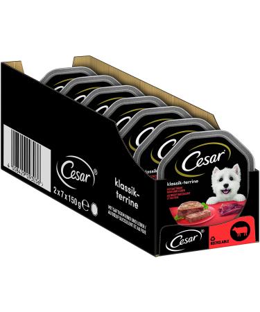 Cesar adult dog water feed classic terrine with juicy beef and liver 14 bowls 14x150g-premium dog food wet without added sugar artificial aroma or dye classical beef & liver 150 g (14 Pack)