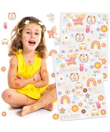 Qpout 2 Sheets Hippie Temporary Tattoo Trendy Hippie Flower Tattoo Sticker Face Tattoos for Adults and Kids Love and Peace Sign Temporary Tattoo Two Groovy Party Decorations Hippie Accessories