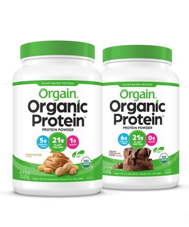 Orgain Organic Plant Based Protein Powder, Peanut Butter - Vegan, Low Net Carbs, 2.03 Pound & Organic Plant Based Protein Powder, Creamy Chocolate Fudge - Vegan, Low Net Carbs, Non Dairy, 2.03 Pound