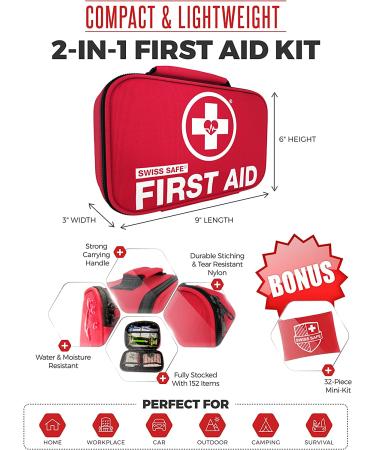 Swiss Safe 2-in-1 First Aid Kit (120 Piece) + Bonus 32-Piece Mini Kit - Compact & Lightweight for Emergencies at Home, Outdoors, Car, Camping, Workplace, Hiking & Survival - Buy Online on SooperMarket.com