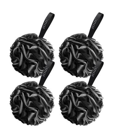 SYHZC Loofah Shower Puff for Women and Men Soft Body Scrubber Bath Scrunchie Set of 4 Black Sponges