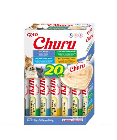 Inaba Churu Puree Multipack - Cat Leckerli from Hand - 20 tubes: 5x tuna 5x tuna with chicken 5x tuna with scallop and 5x thuna with cheese tuna 280 g (1 pack)