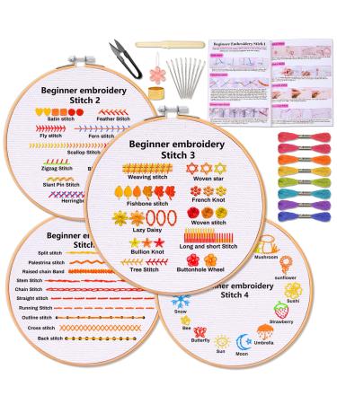 4 Sets Beginners Embroidery Stitch Practice kit  Embroidery Starter kit for Craft Lover with 30 Different Stitches Embroidery Skill Practice Kit Include 4 Embroidery Cloth with Pattern Embroidery Hoop