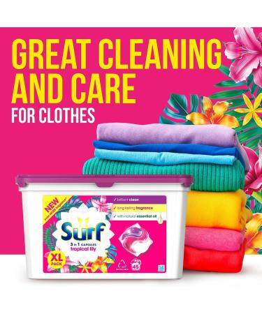 Surf 3-in-1 Tropical Lily Washing Detergent Capsules Brilliant Clean Long Lasting Fragrance and Made with Natural Essential Oil Laundry Detergent XL Pack 45 Washes (Buy 4) - Buy Online on SooperMarket.com
