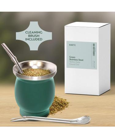 Yerba Mate Natural Gourd/Tea Cup Set Green (Original Traditional Mate Cup - 8 oz) | Includes Bombilla (Yerba Mate Straw) & Cleaning Brush | Green Stainless Steel | Double-Walled | Easy to Clean - Buy Online on SooperMarket.com