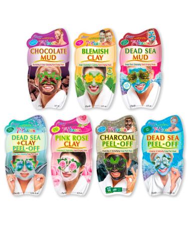 7th Heaven Face Masks Skincare Set - 7 x Clay Mud & Peel Off Face Masks Gift Set - Chocolate Mud Charcoal Dead Sea and Pink Rose Face Masks Peel Off