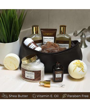 Sandalwood Bath Gift Set for Him - Personal Care Spa Kit in Leather Bag | Relaxing Man Gift Basket with Shower Gel, Bubble Bath, Body Oil, Bath Bomb & More - Buy Online on SooperMarket.com