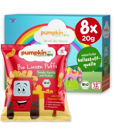 Pumpkin Organics Children's Snack Bio Linsen Puffs with cheese & chives (8 -pack) Baby snacks without additives from the 12th month - gluten -free crispy snacks for children (8x20g) Bio lentils Puffs Cheese & Cheese