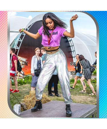 Women's Metallic Shiny Hip Hop Pants - 70s Disco Punk Trousers for Carnival, Halloween, Rave Dance Party - Silver - Buy Online on SooperMarket.com