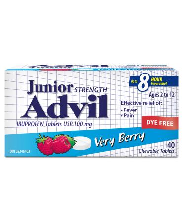 Junior Strength Advil Ibuprofen Dye-Free Chewable Tablets for Pain and Fever Relief Very Berry 40-Count
