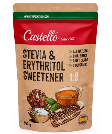 Castello since 1907 Stevia + Erythritol 1:8 Sweetener | 1g 8g of sugar | 100% Natural Sugar Substitute - 0 Calories - 0 Glycemic Index - Keto and Paleo - 0 Net Carbohydrates - Non-GMO - 850 g