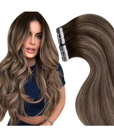 Laavoo real hair Extensions tape balayage brown tape in extensions real hair brown ombre 60cm brown to ashblondremy tape hair extension real hair 50g 20pcs #4/18/4 60cm-20Pcs 3.4 #4/18/4