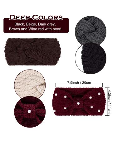 Whaline 5-Piece Knit Headbands & Ear Warmers Set for Women, Girls - Elastic Turban Wraps, Pearl Crochet Hair Band, Scrunchies - Autumn & Winter Colors - Buy Online on SooperMarket.com
