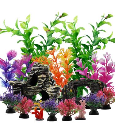 Fish Tank Decorations Plants with Resin Broken Barrel and Cave Rock View, PietyPet 15pcs Aquarium Decorations Plants Plastic,Fish Tank Accessories, Fish Cave and Hideout Ornaments, Aquarium Decor 15 Rock Case,wood, Pant