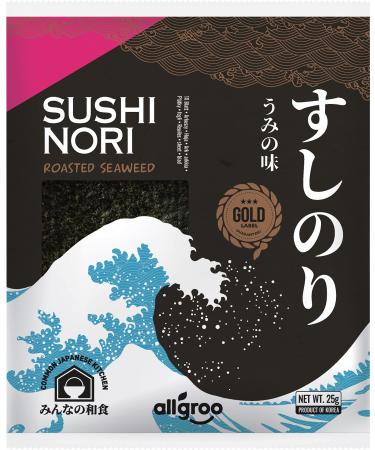 Allgoo Nori Gold Seatang entire leaves roasted sea algae ideal for sushi vegan and gluten -free 1 x 25 g with 10 sheets 25 g (1 Pack)