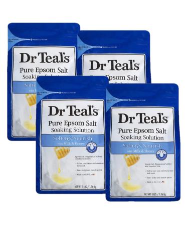Dr. Teal's Milk & Honey Pure Epsom Salt Soaking Solution Gift Set (4 Pack 3lb. ea.) - Soften & Nourish with Essential Oils Smoothens Skin and Eases Aches & Pains - Transforms any Bath into a Home Spa