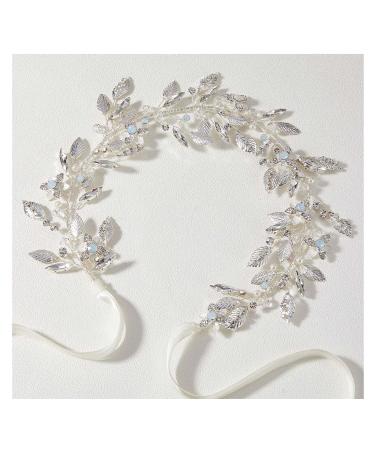 SWEETV Flower-Leaf Bridal Headpieces for Wedding Hair Accessories for Brides Headband Rhinestone Opal Wedding Headband Silver Flower Girl Bridesmaid Hair Pieces
