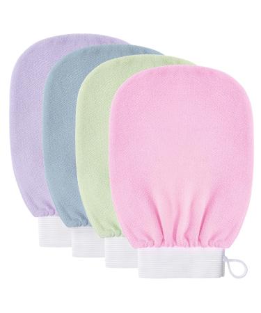 WIFUN 4 PCS Exfoliating Gloves Body Scrub Gloves Deep Body Exfoliator Mitt Dead Skin Remover Shower Scrubbing Gloves for Women and Men (Green blue pink Purple)