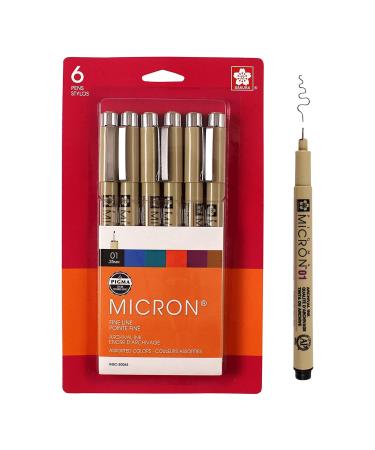 SAKURA Pigma Micron Fineliner Pens - Archival Black and Colored Ink Pens - Pens for Writing Drawing or Journaling - Black and Assorted Colored Ink - 01 Point Size - 6 Pack 01 Tip