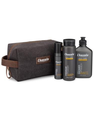 Chassis Gift Set with Flushable Foam Premium Body Powder and Shower Primer Body Powder Body Wash and Flushable Wipe Alternative