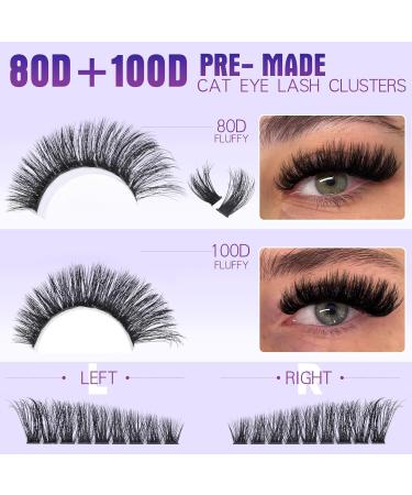 Buy Pre-Made Cat Eye Lash Extension Kit | 9-16mm Fluffy & Wispy Clusters | Waterproof Bond Seal & Tweezers - Geeneiya KIT-80D+100D - Buy Online on SooperMarket.com