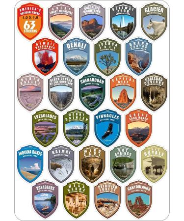 Collection 63 National Parks USA Shield Vinyl Stickers Set - 1 x 1.5 inch Passport Colors - Map of US National Parks - Buy Online on SooperMarket.com