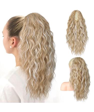 PORSMEER Ponytail Extension Claw Clip Ponytail Hair Extensions Blonde highlights Natural Looking Long Curly Wavy Multi Layered Fluffy Synthetic Hairpiece for Women Girls Daily Wear or Party 18inch Ash Blonde with Highlights