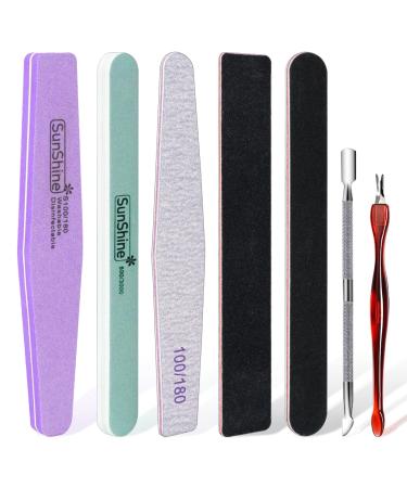 7 Pcs Nail File Set Nail Files Professional Nail Files 100/180 Grit Nail File and Buffer Set Acrylic Nail File Nail Polish Gel Remover Tools Kit with Cuticle Pusher and Cuticle Remover 7 Count (Pack of 1)