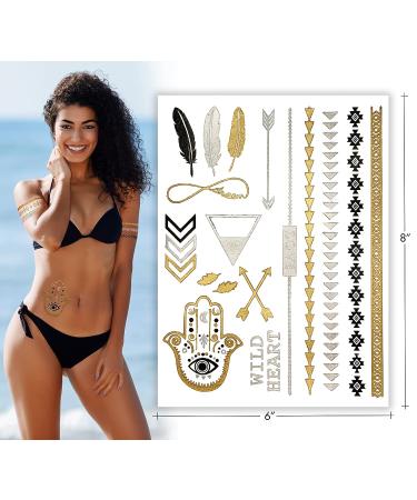 Gold Metallic Henna Temporary Tattoos - 75+ Mandala, Feathers, Dream Catcher, Arrows - Waterproof, Long Lasting for Beach, Festivals, Parties - Buy Online on SooperMarket.com