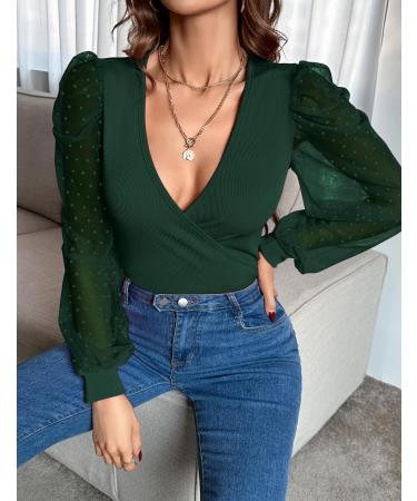 Fayenne Womens Tops Deep V Neck Cross Wrap Sexy Tops Polka Dot Mesh Long Sleeve T Shirt Casual Blouses XL Dark Green - Buy Online on SooperMarket.com