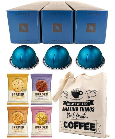 Nespresso Vertuo Odacio Coffee Capsules 3 Boxes (30 Pods) Bundled with Border Biscuits Selection & Giftable Tote Bag