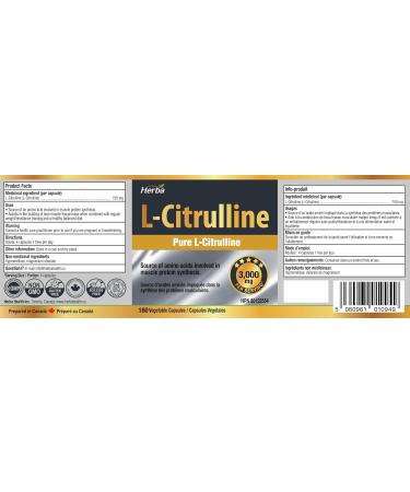 Herba L-Citrulline Capsules 750mg 180 Vegetable Capsules | 3 000mg Per Serving | Pure L Citrulline Nitric Oxide Supplement | NPN from Health Canada | Made & 3rd Party Tested in Canada - Buy Online on SooperMarket.com