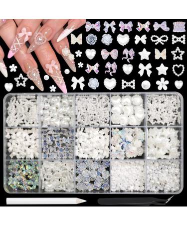 BELICEY White Bow Nail Art Charms 1000PCS Multi Shapes Pearl Heart Flowers Bowknot Nail Jewels Charms Resin Kawaii Pretty Nail Charms for DIY Decorations Nail Art Design with Tweezer Pickup Pencil A-White