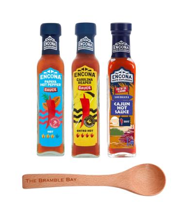 Spicy Sauce Bundle contains Encona Papaya Hot Pepper Carolina Reaper Chilli Louisiana Cajun Total of 3 x 142ml Wooden Spoon