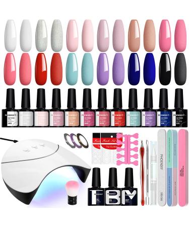 Phoenixy Gel Nail Polish Set 12 Colours Gel Nail Kit with U V Nail Lamp 8ML Soak off Gel Nail Polish Starter Kit Blue Pink Nail Kit Gift Set for Women 12 Navy blue and pale pink series